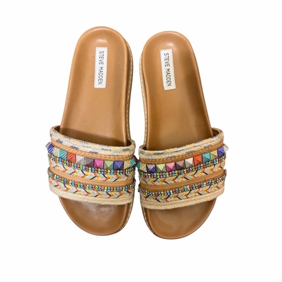 Steve Madden Shoes - Steve Madden Multicolor Beaded Braided Tan Slide Sandals